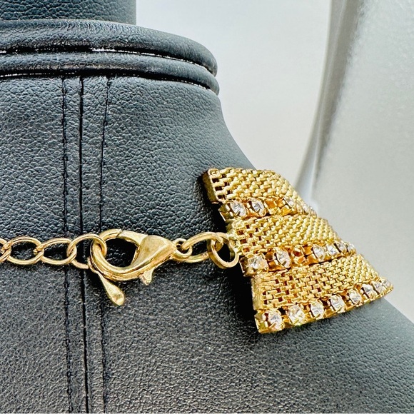 Retro Mesh 3 Chain Necklace Rhinestone Accent Layers Gold Tone Disco Glam 20” - Picture 7 of 11